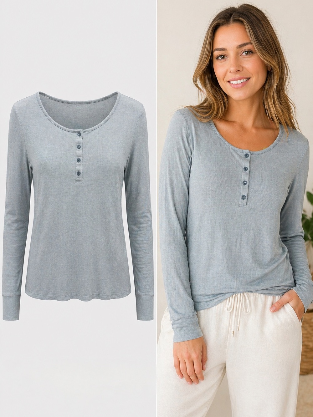 Tommy John | Blue Gray Ribbed Henley Long Sleeve Lounge Top | Size M